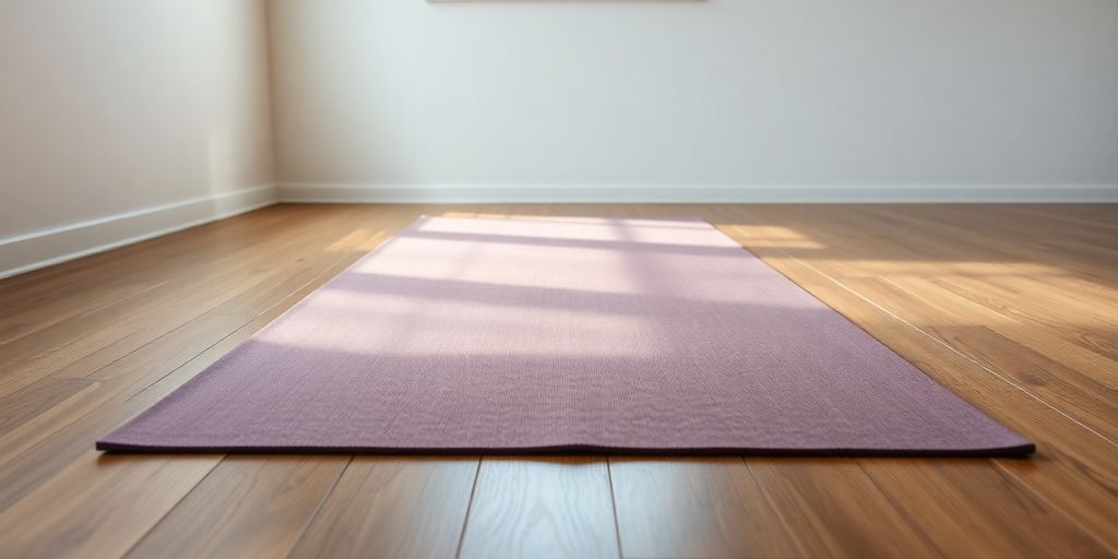 Extra long, extra wide yoga mat on wooden floor.