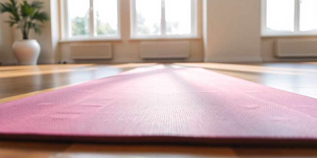 Wide thick yoga mat in a sunlit studio setting.
