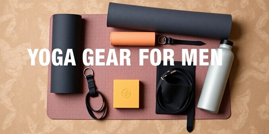 Flat lay of men's yoga gear on a natural backdrop.