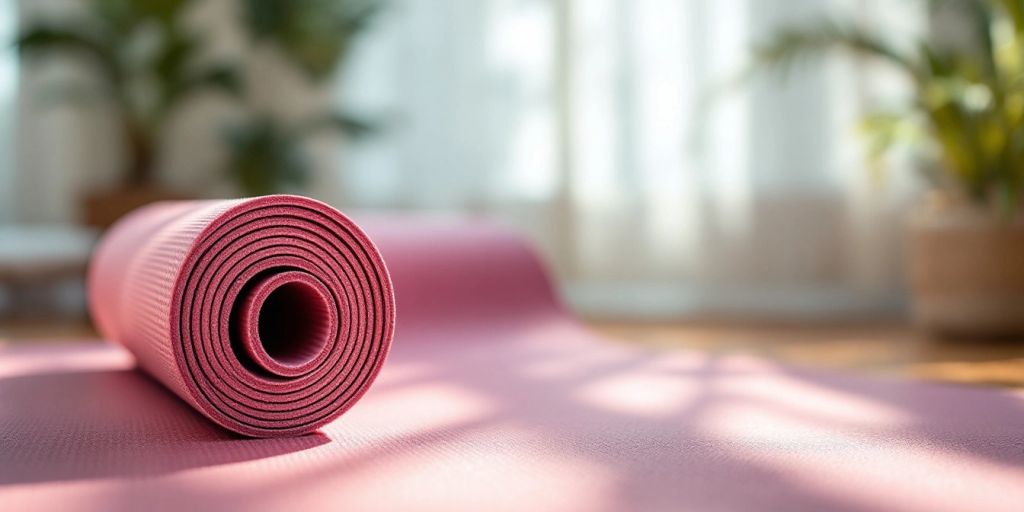 Thick yoga mat on a wooden floor in sunlight.