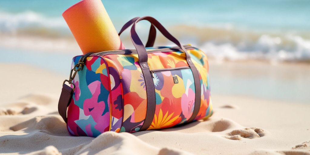 Yoga mat travel bag on a beach with waves.
