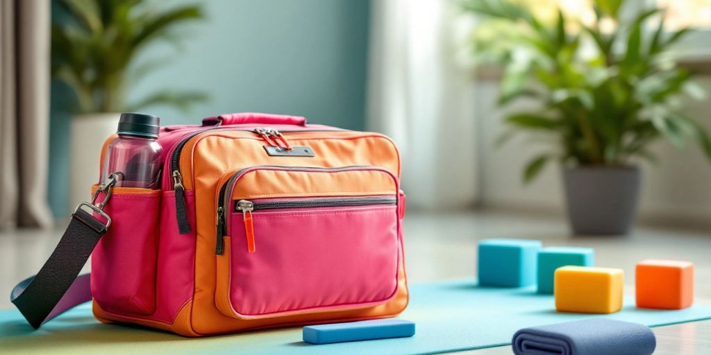 Colorful yoga bag on a mat with accessories.