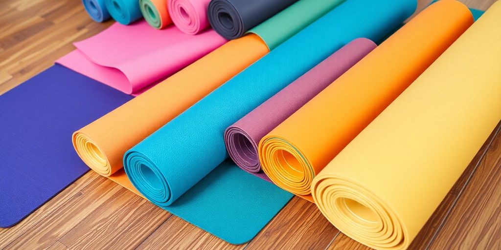 Colorful yoga mats arranged for Pilates practice.