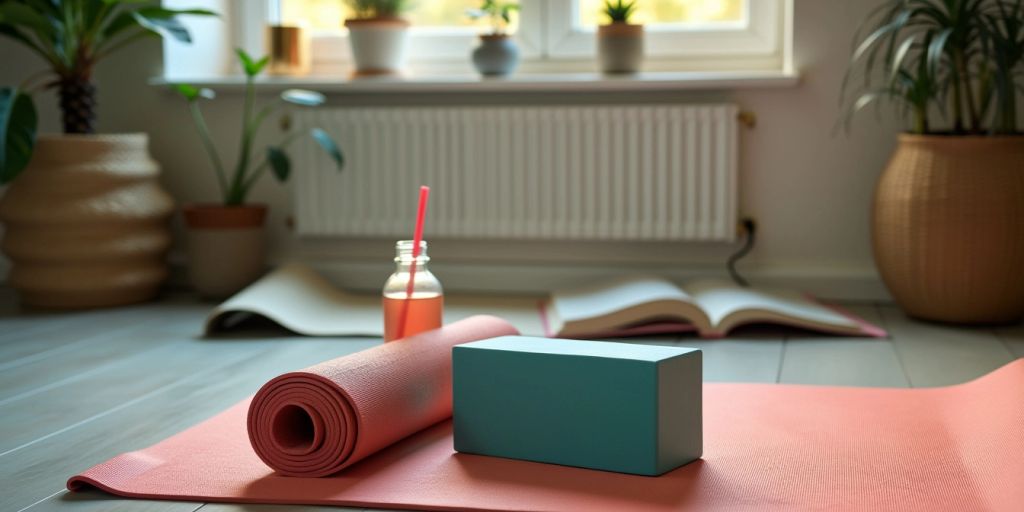 Home yoga setup with mat, blocks, and plants.