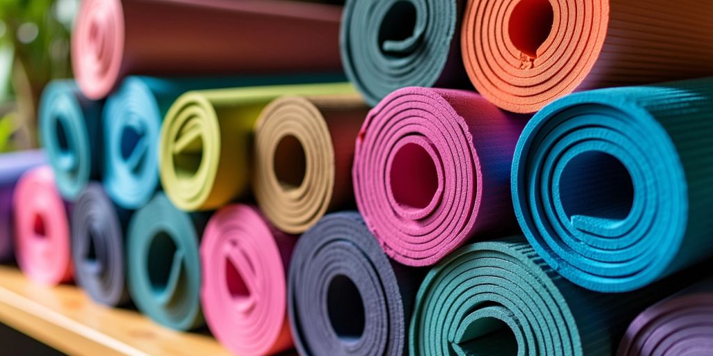 Colorful yoga mats neatly rolled and stacked together.
