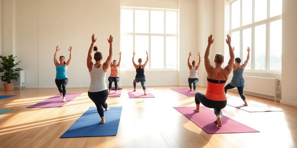 Yoga class in a bright, inviting room with mats.