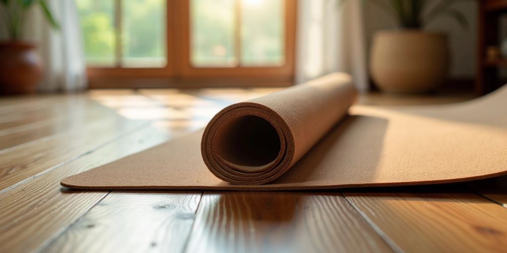 Thick cork yoga mat on a wooden floor.