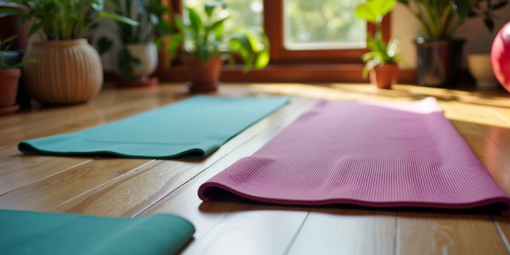 Colorful yoga mat on wooden floor with plants.