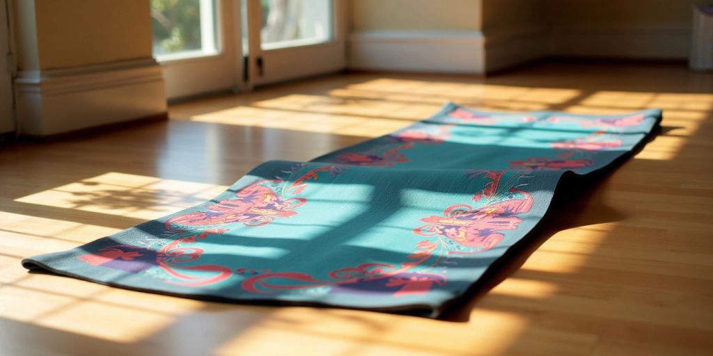 Long yoga mat on a bright studio floor.