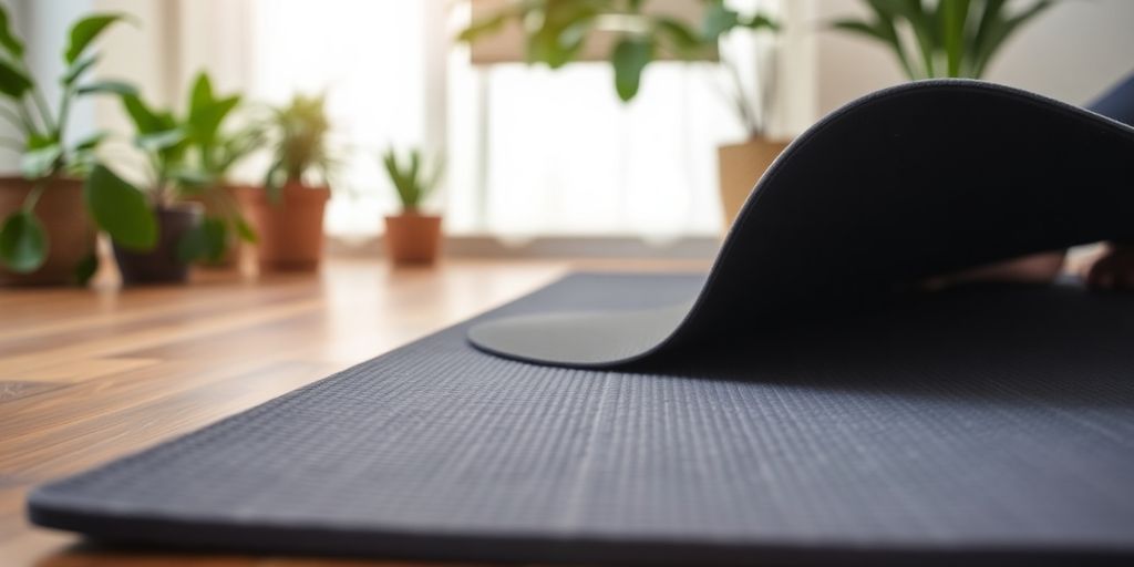 Thick non-slip yoga mat on wooden floor with plants.
