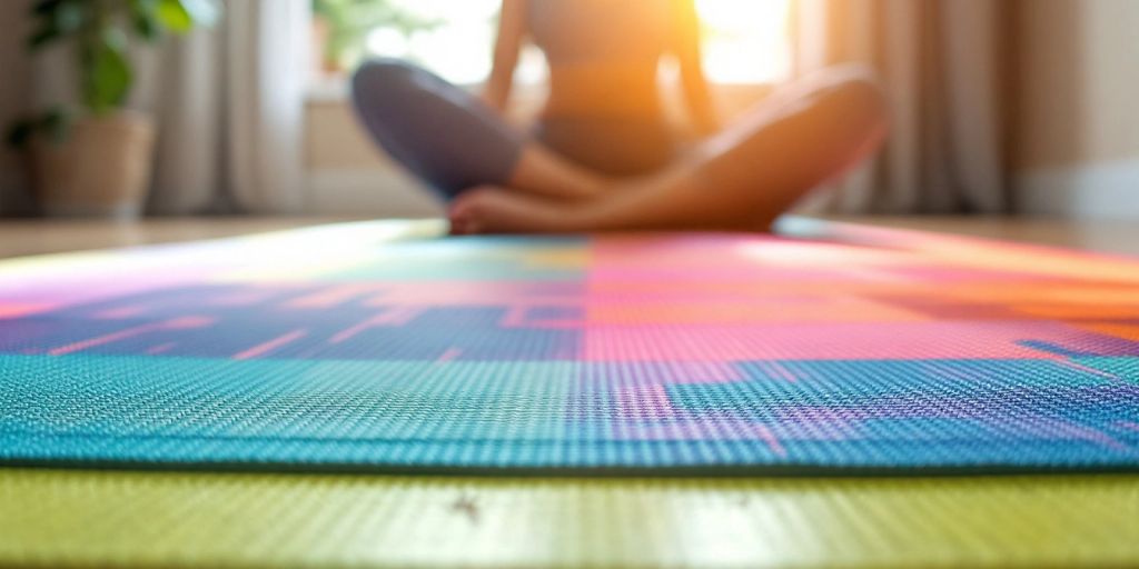 Non-slip yoga mat on a wooden floor with natural light.
