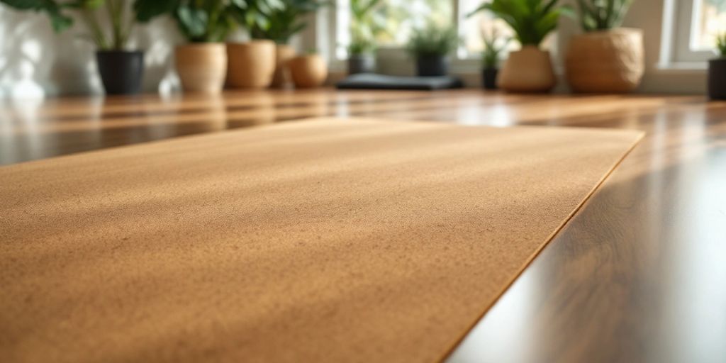 Cork workout mat on a wooden floor in sunlight.