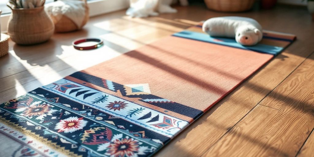 Colorful Pendleton yoga mat on wooden floor with accessories.