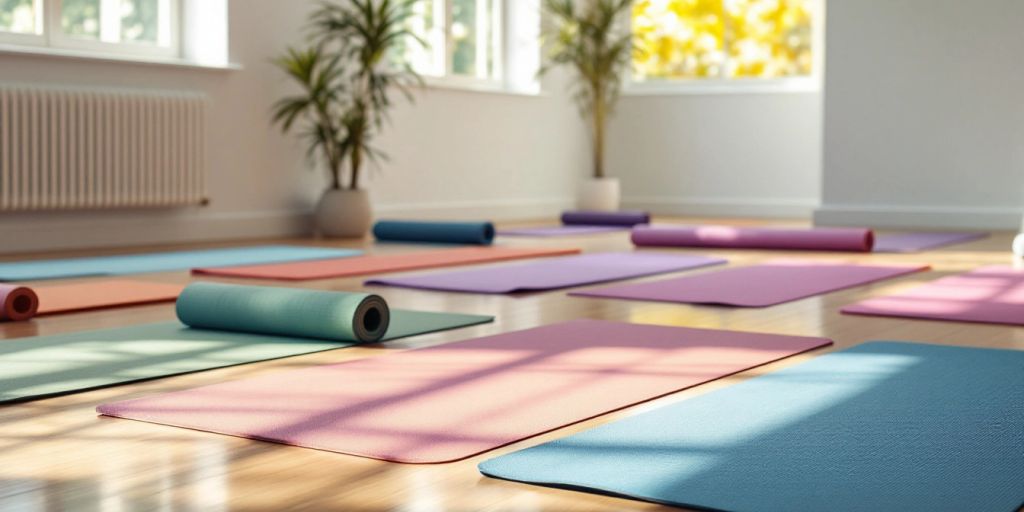 Colorful non-slip yoga mats in a bright studio.