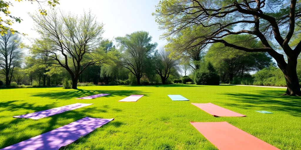 Colorful yoga mats in a lush outdoor setting.