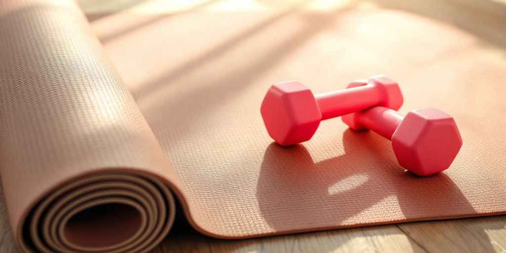 Close-up of a non-slip workout mat with dumbbells.