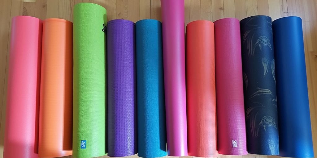 Colorful yoga mats displayed on a wooden floor.