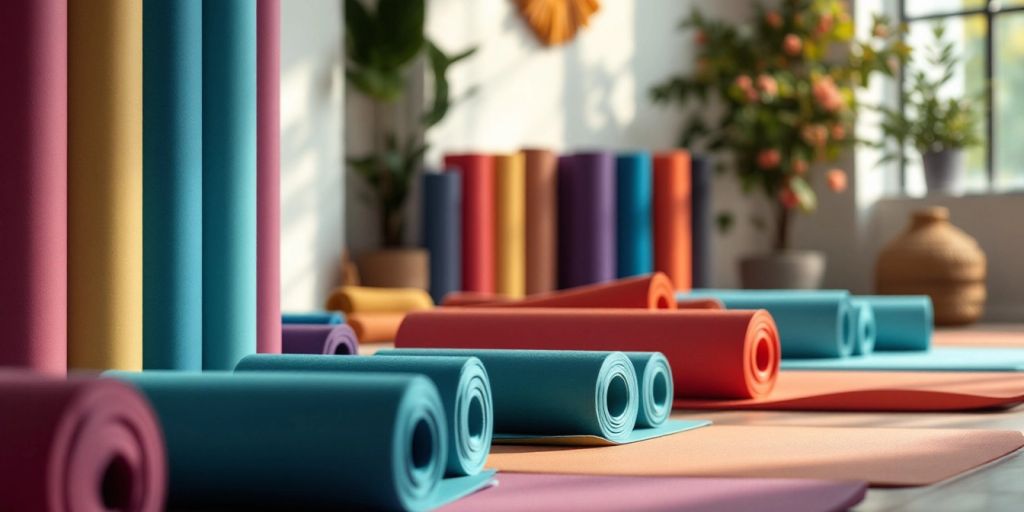 Colorful yoga mats in a tranquil studio setting.