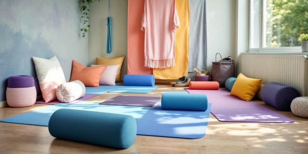 Colorful yoga accessories in a serene practice space.