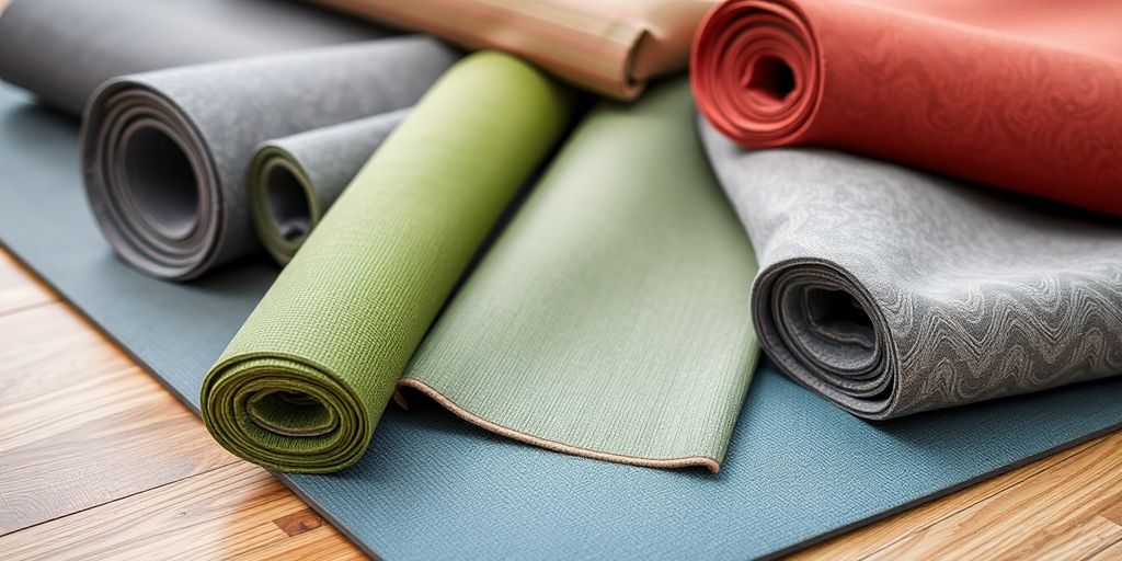 Different yoga mats with varied textures and colors on floor.