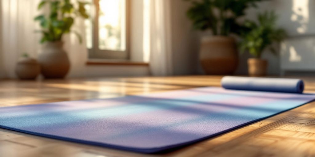 Vibrant yoga mat in a serene studio setting.