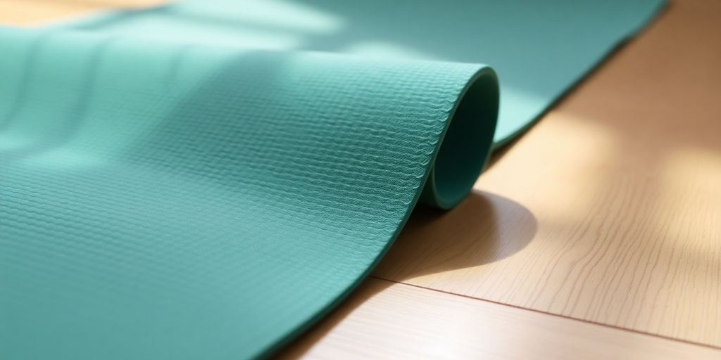 Close-up of Jade Fusion Yoga Mat on wooden floor.