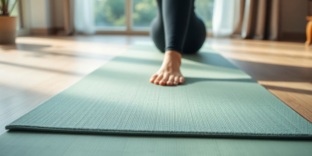 Yoga practice on a thick mat in a serene setting.