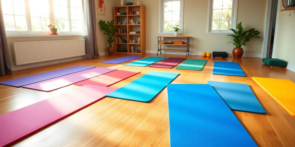 Colorful Pilates mats in a bright home workout space.
