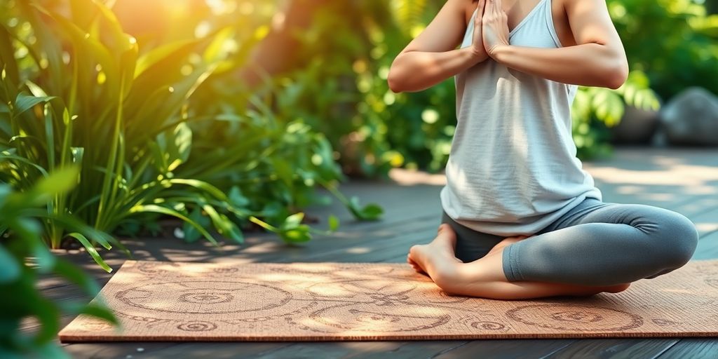 Yoga practice on a cork mat surrounded by nature.
