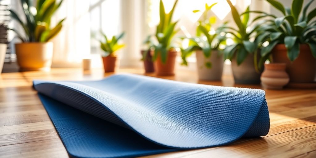Close-up of a non-slip yoga mat on wooden floor.