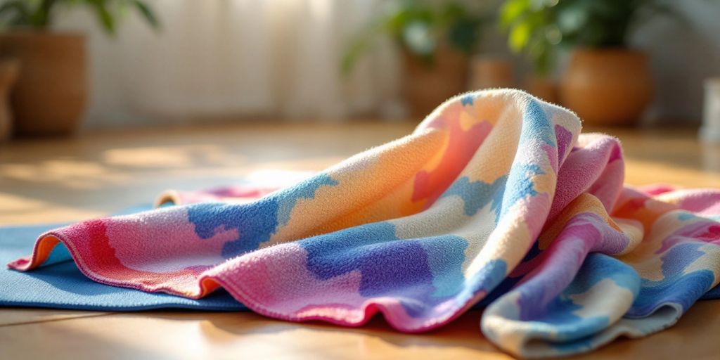 Colorful yoga mat towel on a yoga mat.