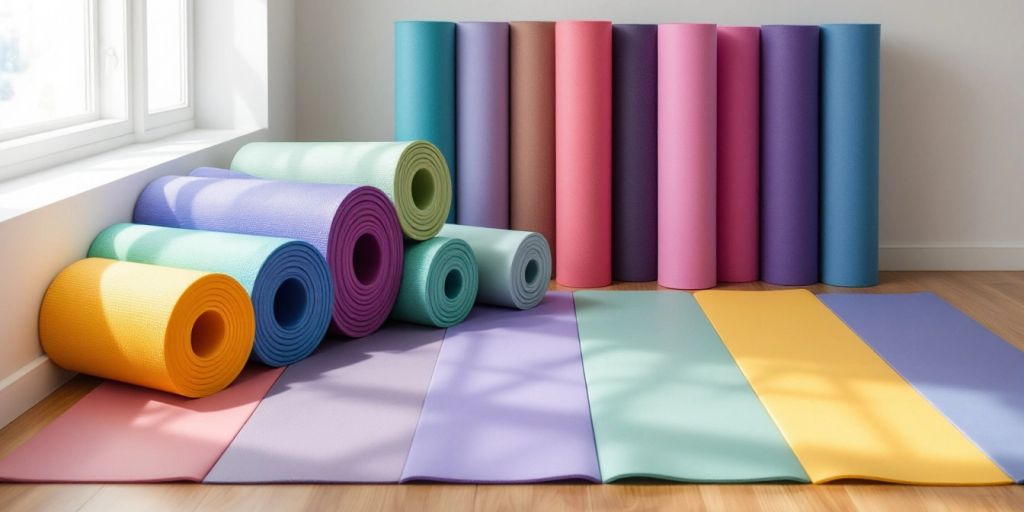Selection of colorful yoga mats on a wooden floor.