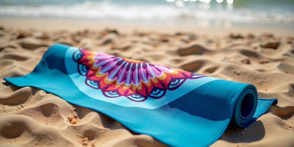 Colorful travel yoga towel on a beach setting.