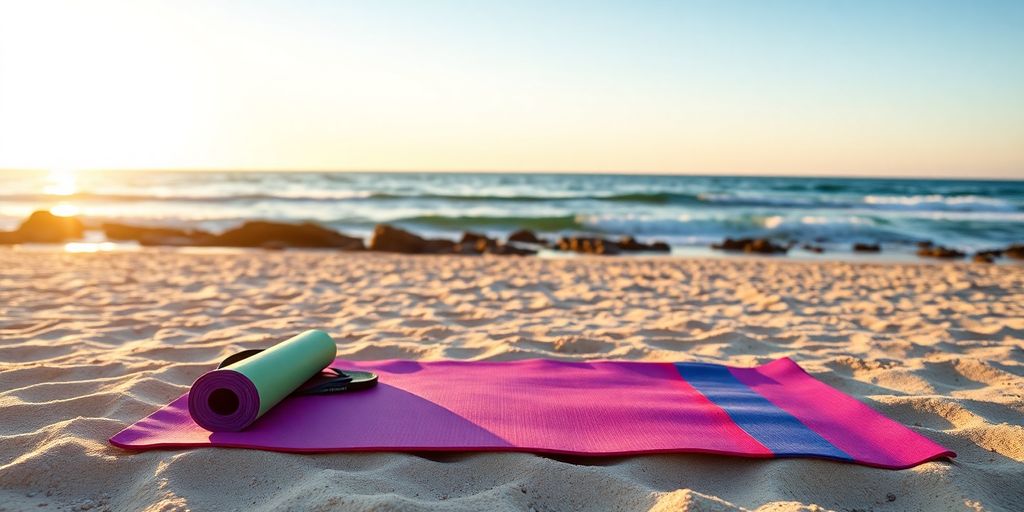 Travel yoga mat on the beach at sunset.