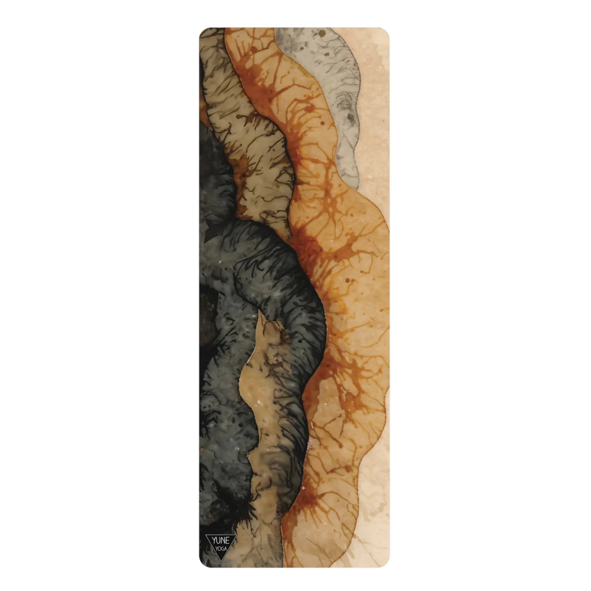 Abstract patterned yoga mat with earthy tones, wavy design, corner logo visible