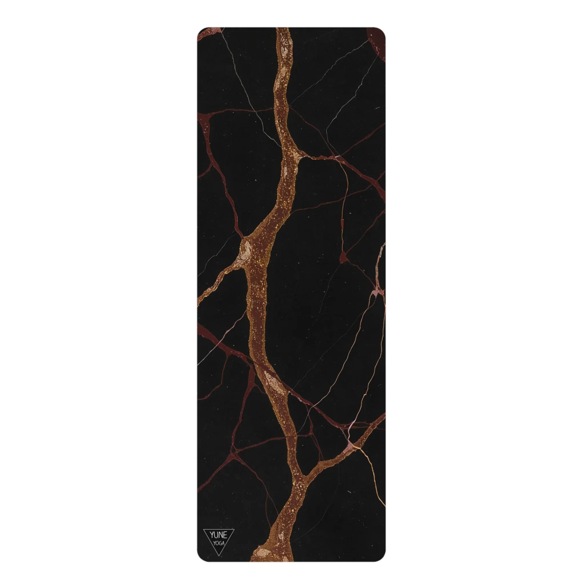 Black yoga mat with gold and brown marble pattern, premium exercise accessory.