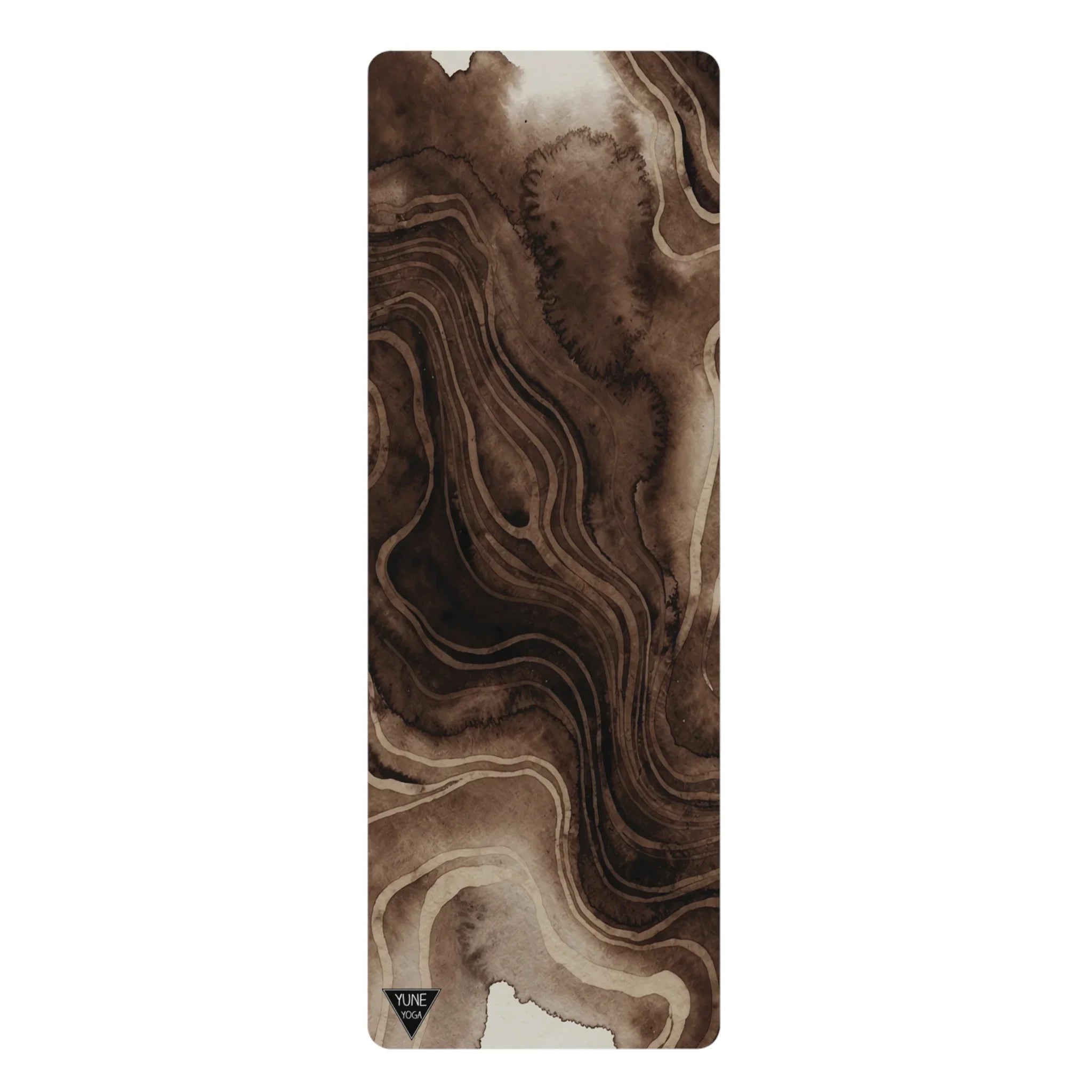 Brown marbled yoga mat with abstract pattern and rounded corners on white background
