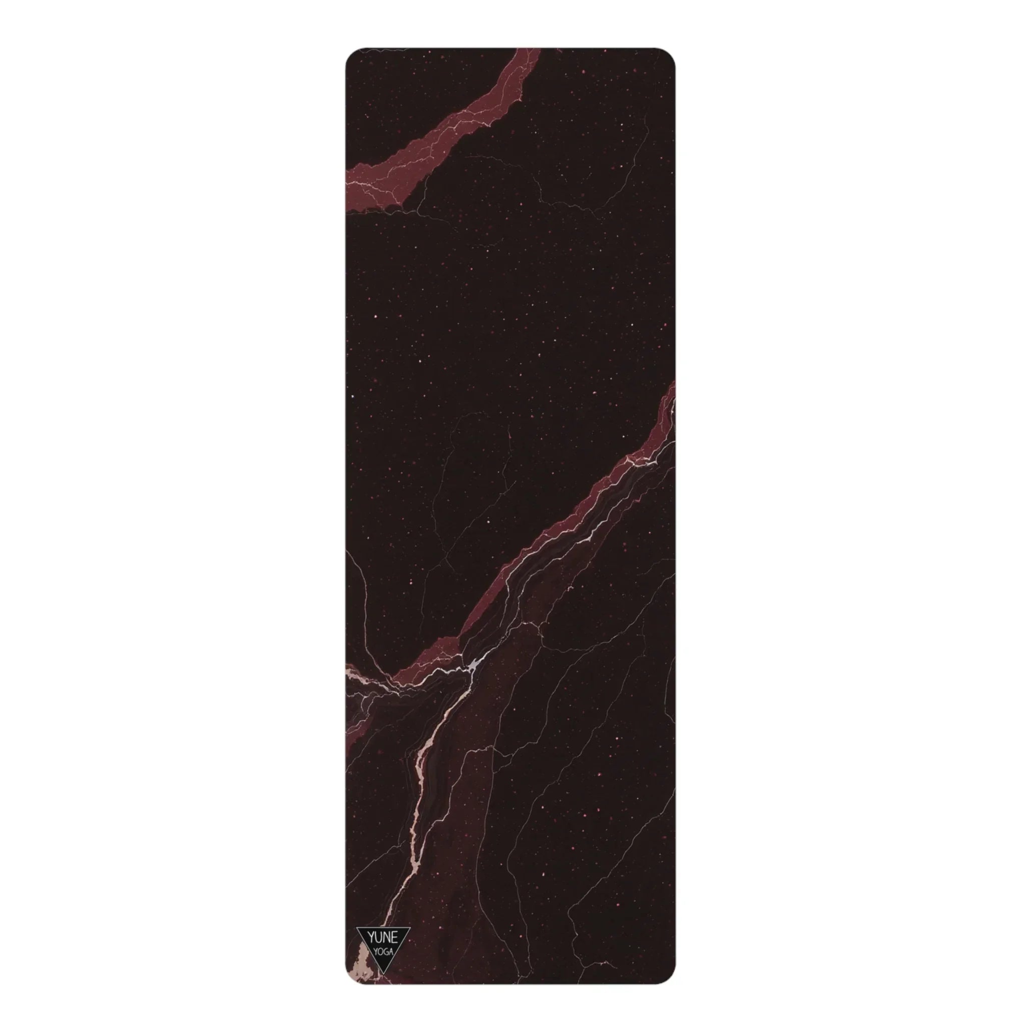 Black yoga mat with maroon marble pattern and subtle Yune Yoga logo in the corner