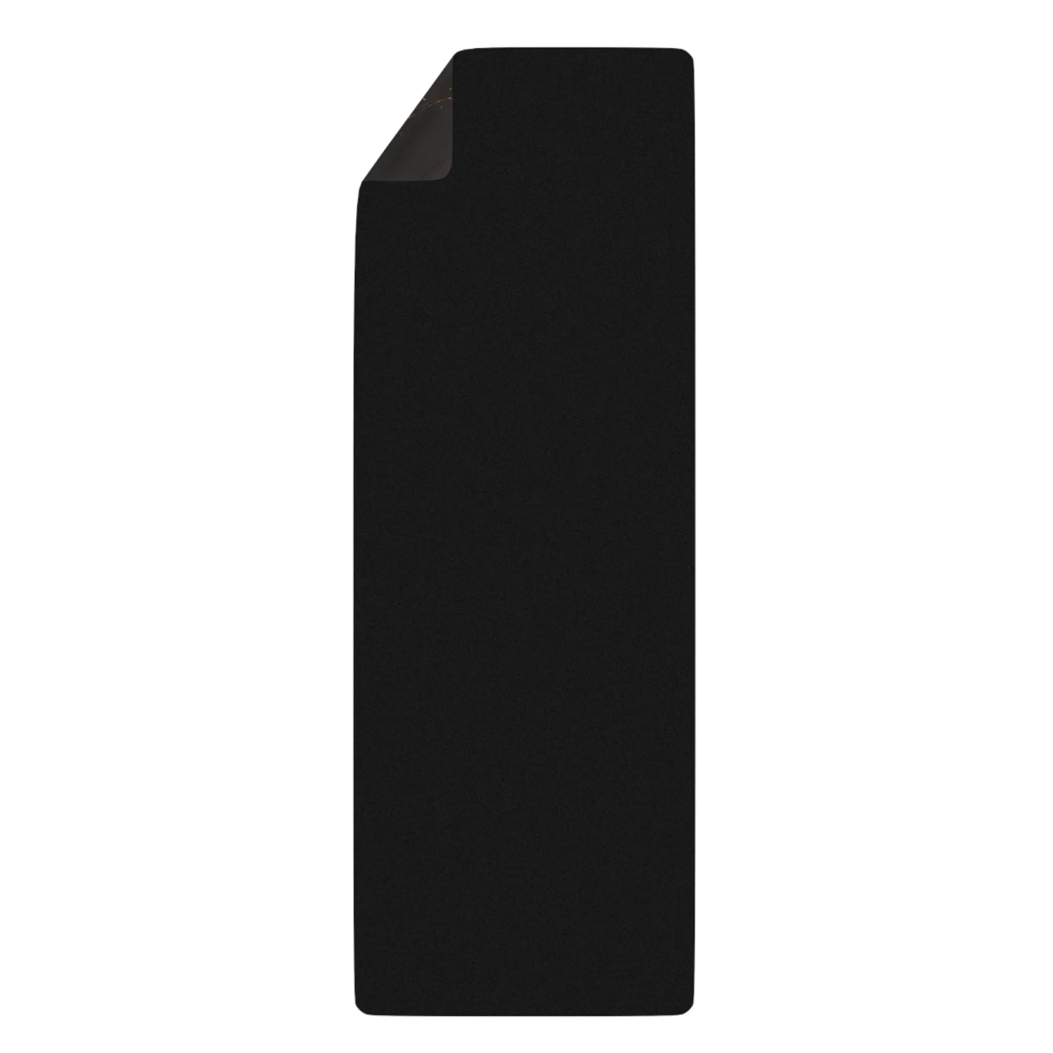Black yoga mat with non-slip surface, corner folded, fitness accessory