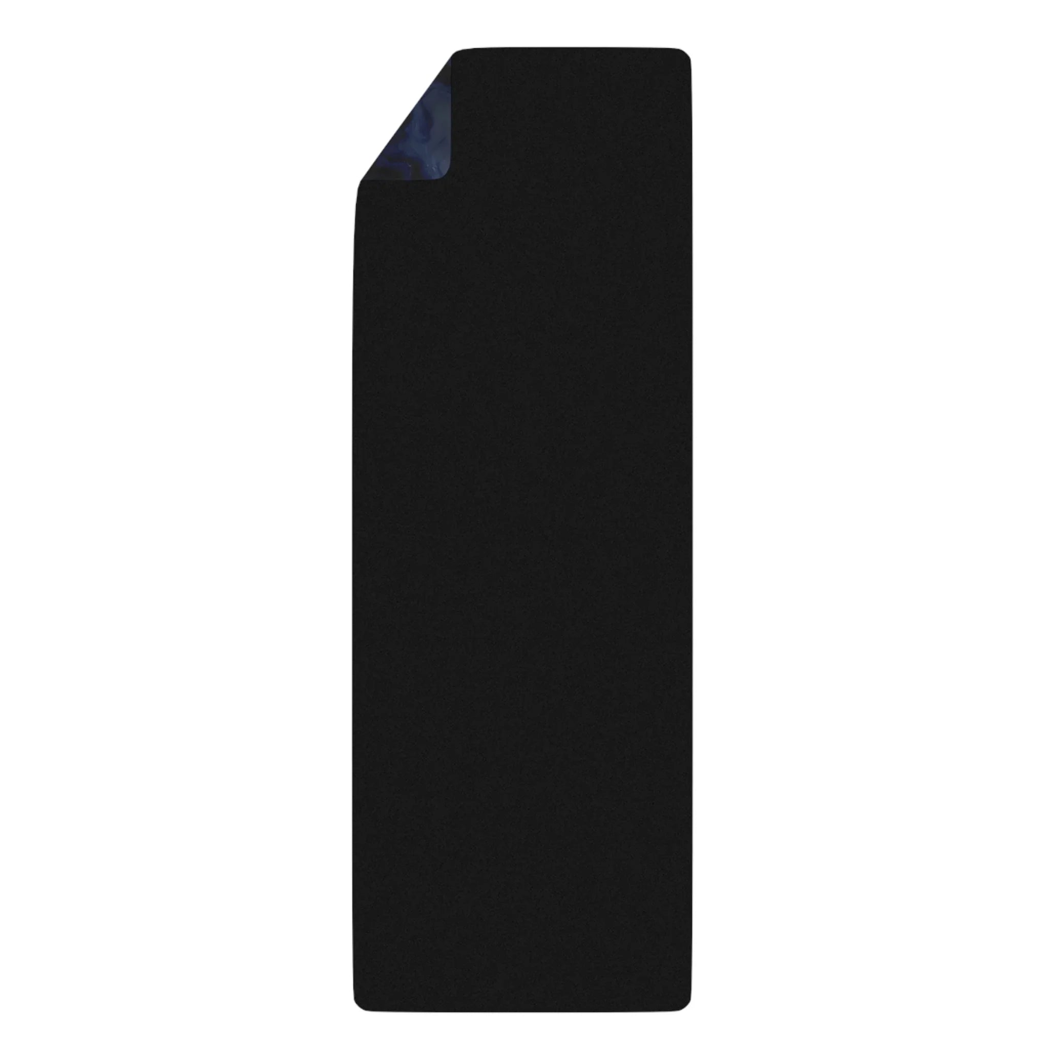 Black yoga mat with one corner slightly folded to reveal a subtle dark pattern underneath