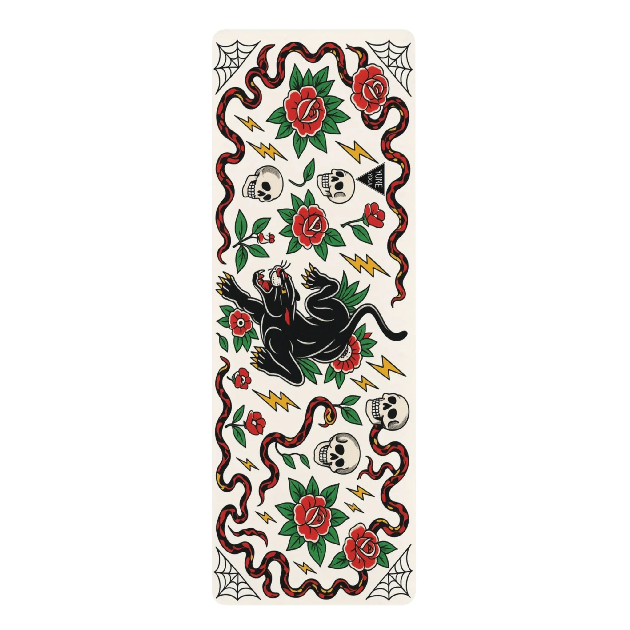 Tattoo sheet with black cat, roses, and skulls on a white background