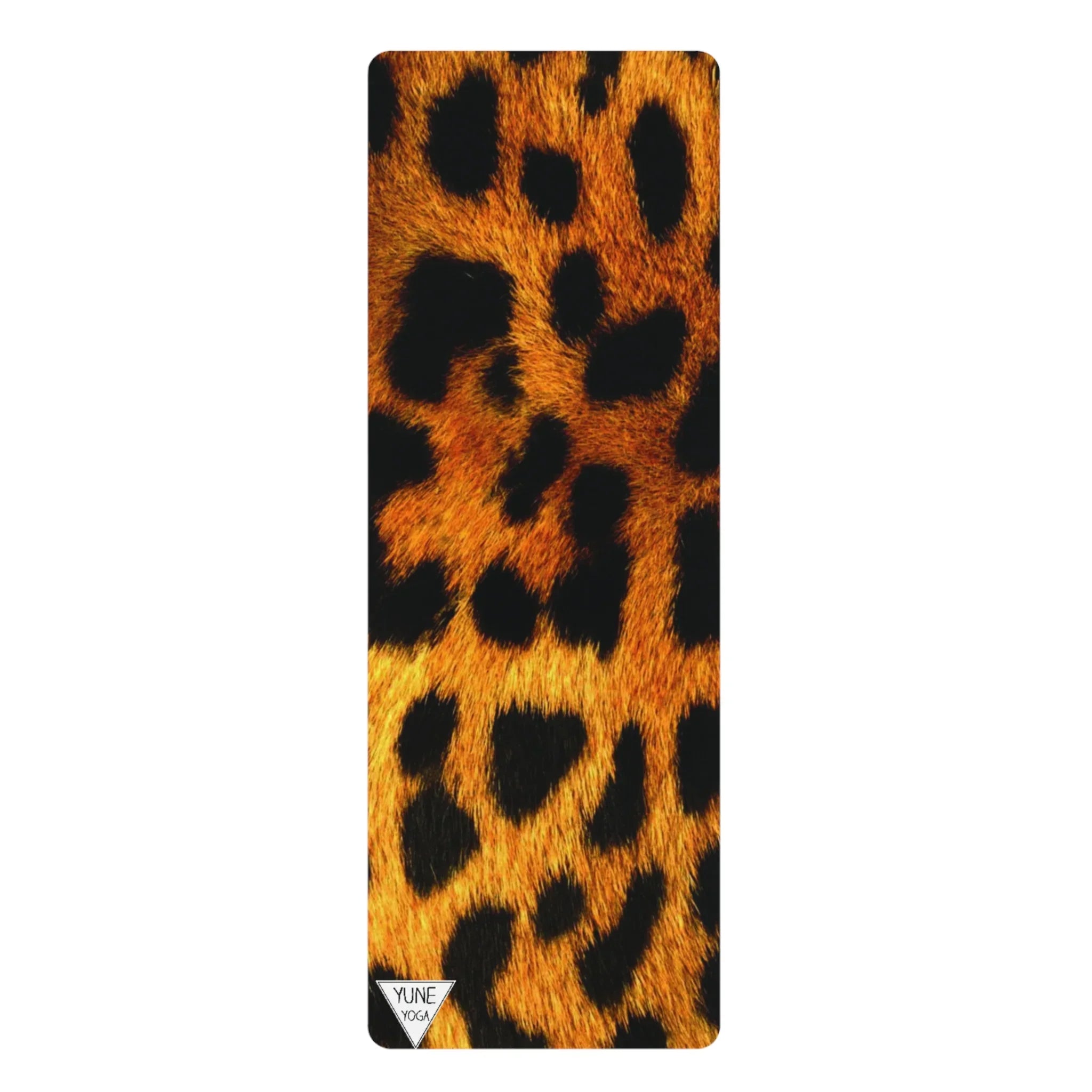 Yoga mat with leopard print design and black spots on orange-yellow background