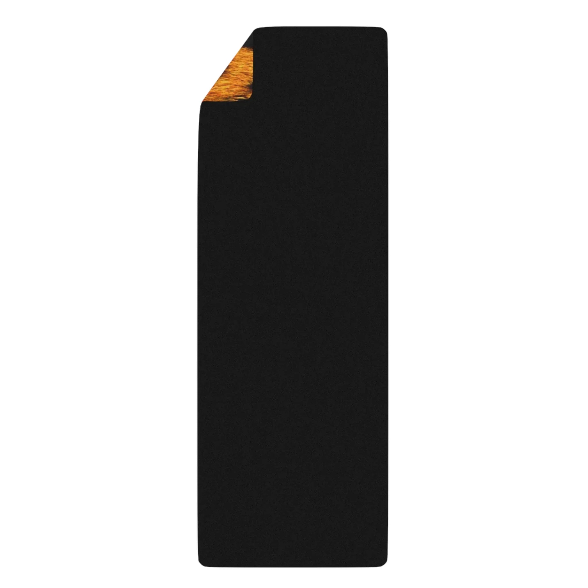 Black yoga mat with orange textured corner, rectangular fitness equipment