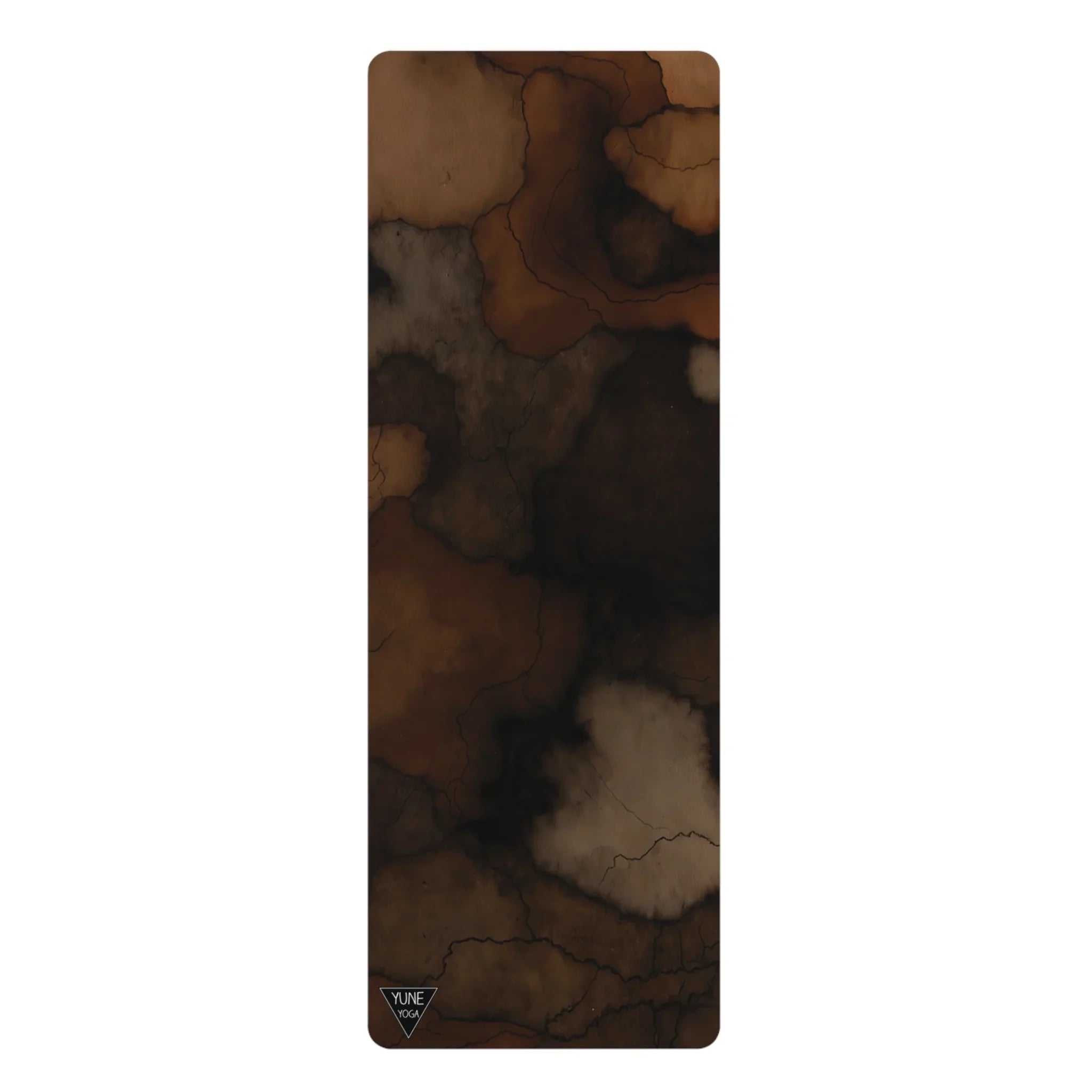 Brown abstract pattern yoga mat with rounded edges and subtle dark marble swirls