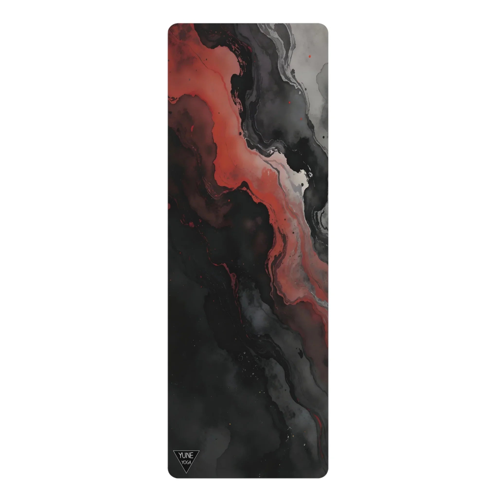 Abstract black, red, and gray yoga mat with artistic marble swirl design on white background