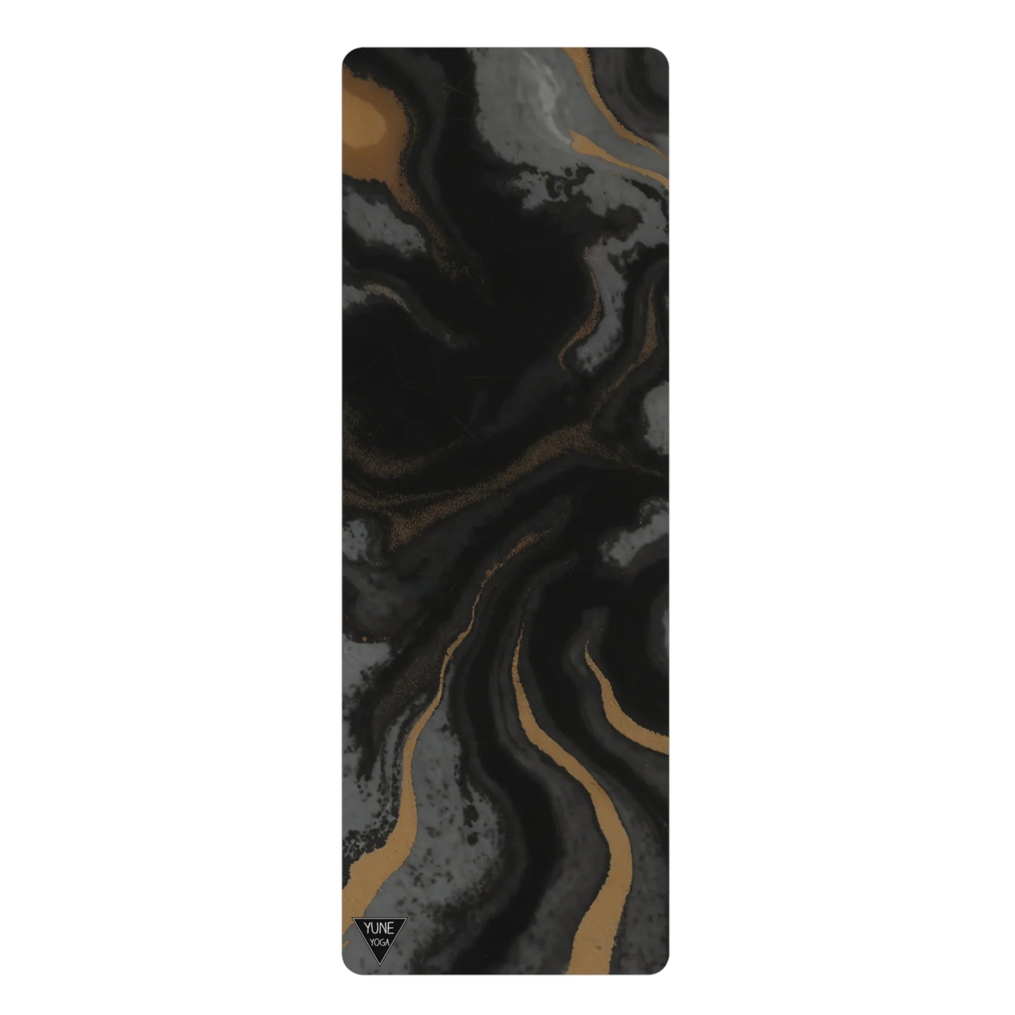 Black and gold marbled yoga mat with abstract swirl design, premium yoga accessory