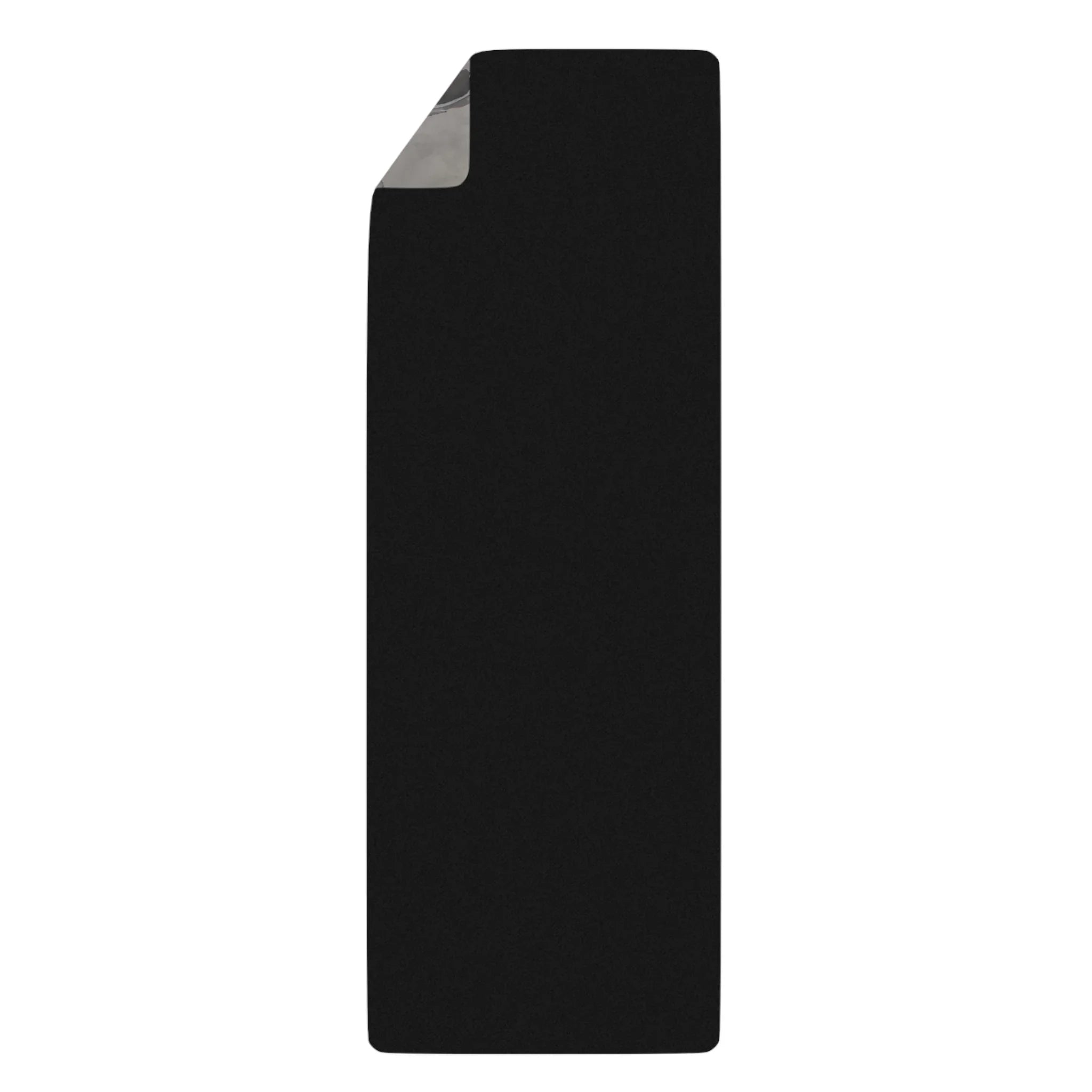 Black yoga mat with a slightly rolled corner, isolated on white background