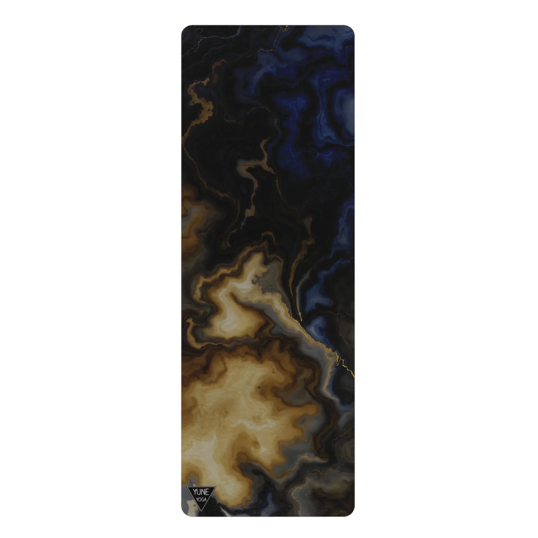 Abstract marble pattern yoga mat in black, gold, and blue colors on white background