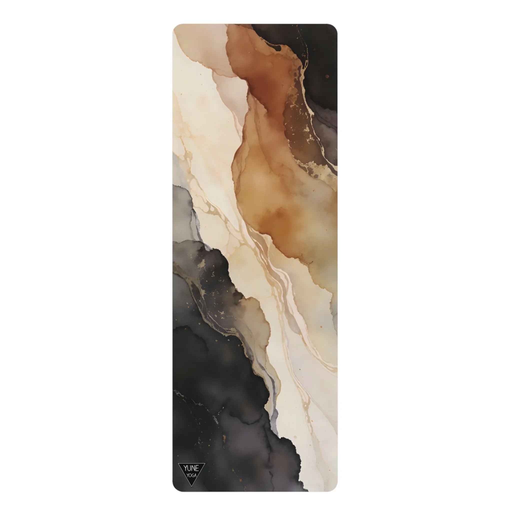 Abstract marble pattern yoga mat in brown, beige, and black tones on white background