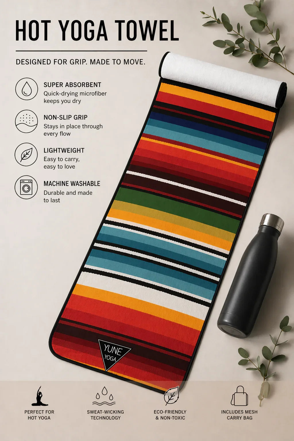 Colorful striped yoga towel with hot yoga features, water bottle, and green leaves on beige background.